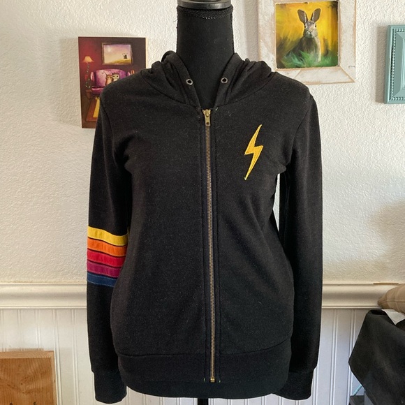Aviator Nation Bolt Hoodie with Striped Sleeve Kids 14 (fits true xs women’s) - Picture 1 of 6